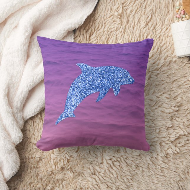 Blue Glitter Dolphin In Pink And Purple Sea Throw Pillow (Blanket)