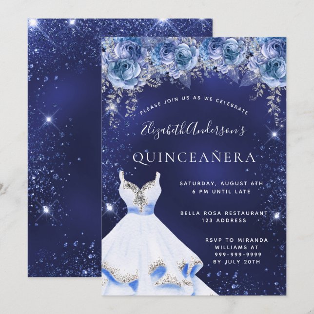 Blue glitter dress florals Quinceanera Invitation (Front/Back)
