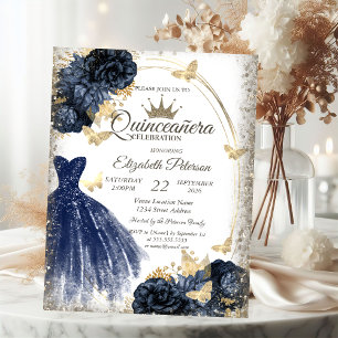 Blue Glitter Dress,Roses,Butterflies Quinceañera Invitation