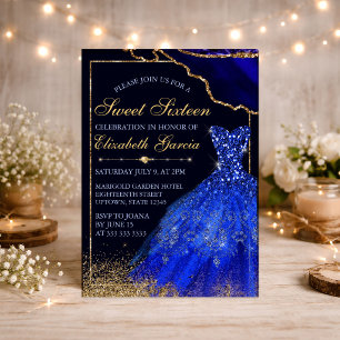 Blue Glitter Dress with Gold Agate Glam Sweet 16 Invitation