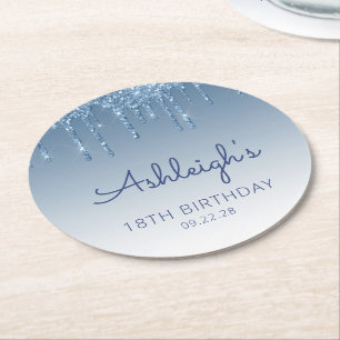 Blue Glitter Drip 18th Birthday Party Round Paper  Coaster