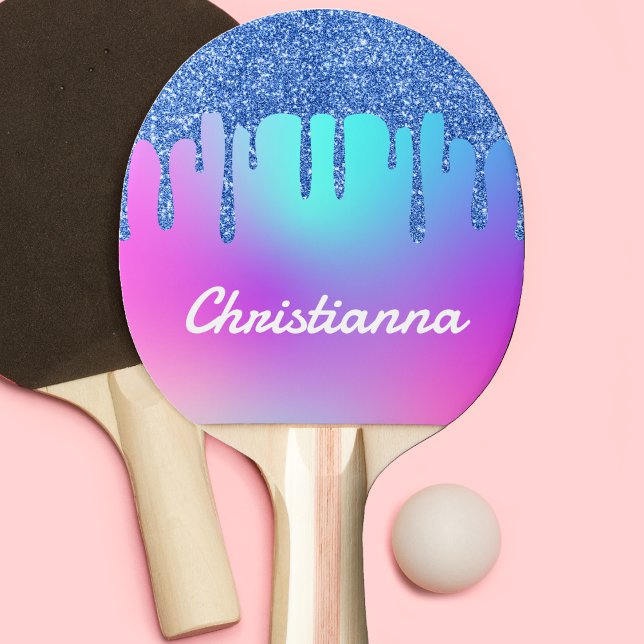 Blue Glitter Drip Fluorescent Neon Pink & Purple Ping Pong Paddle (Blue Glitter Drip Fluorescent Neon Pink & Purple Ping Pong Paddle)