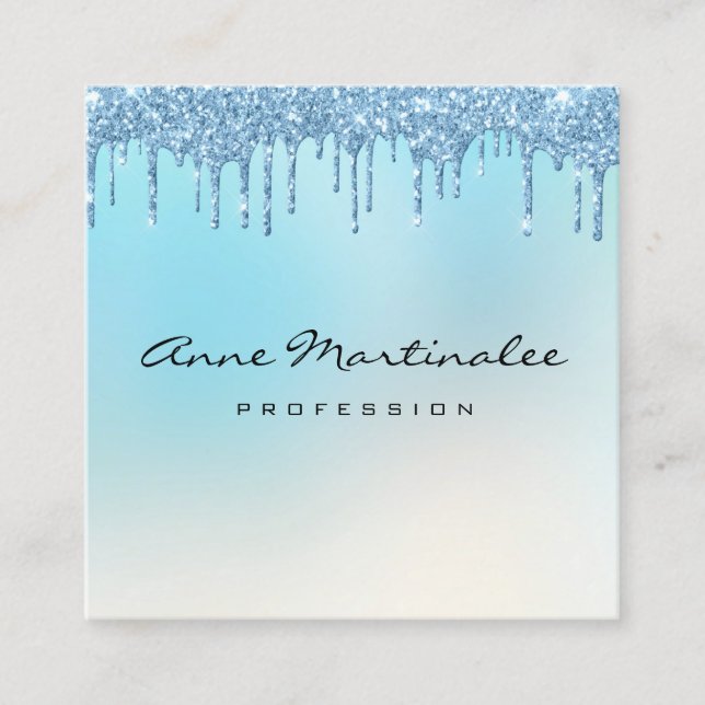 Blue Glitter Dripping Minimalist Professional Square Business Card (Front)