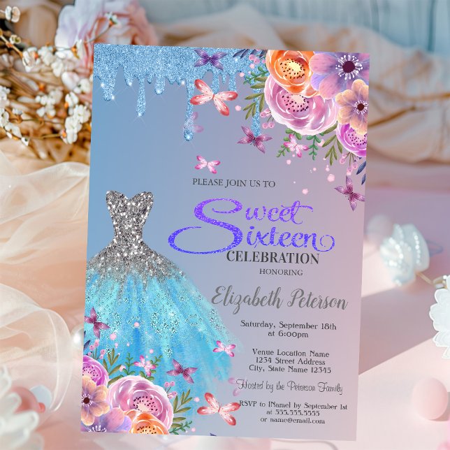 Blue Glitter Drips,Blue Dress Flowers Sweet 16    Invitation (Creator Uploaded)