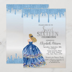 Blue Glitter Drips,Blue Dress Girl Sweet 16  Invitation