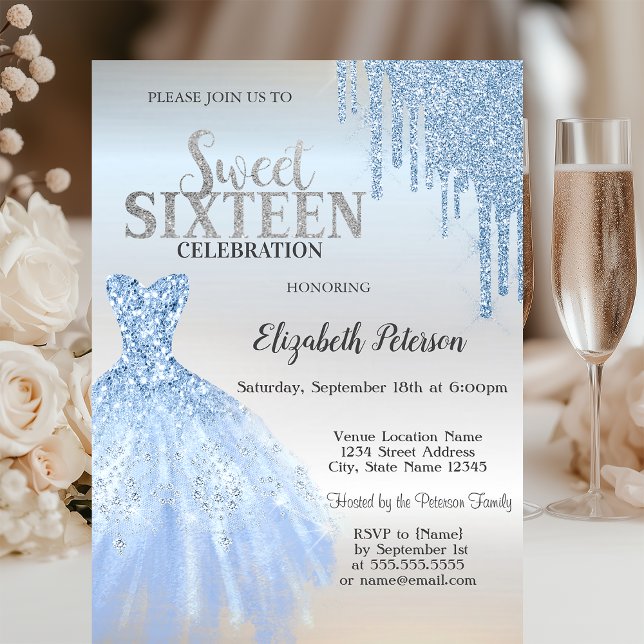 Blue Glitter Drips,Blue Dress Silver Sweet 16  Invitation (Creator Uploaded)