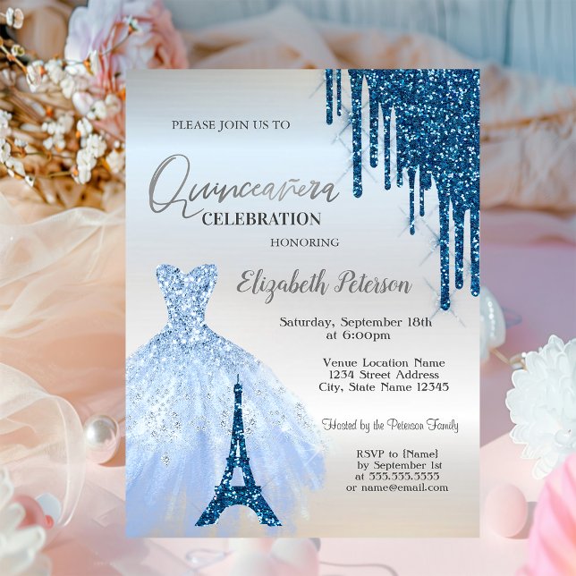 Blue Glitter Drips,Dress,Eiffel Tower Quinceañera  Invitation (Creator Uploaded)