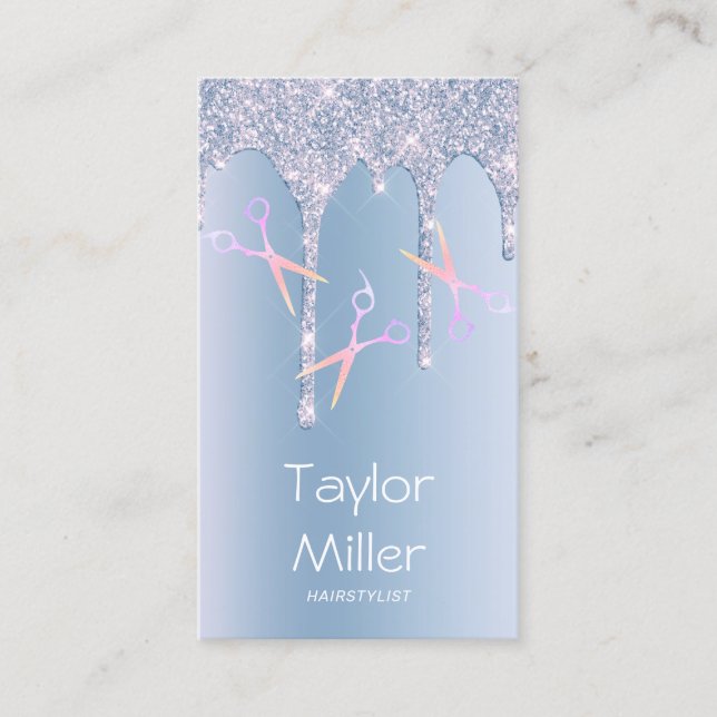 Blue glitter drips holographic scissors hair business card (Front)
