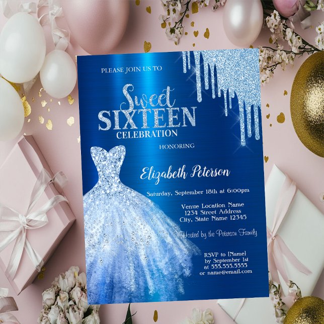 Blue Glitter Drips,Metallic Blue Dress  Invitation (Creator Uploaded)