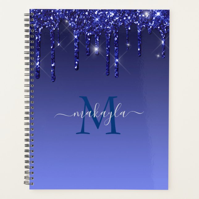 Blue Glitter Drips Monogram Name Planner (Front)