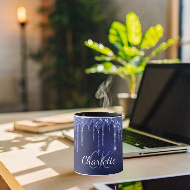 Blue glitter drips name monogram initials script mug (Creator Uploaded)