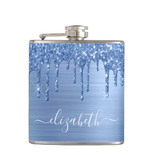 Blue Glitter Drips Personalized Hip Flask