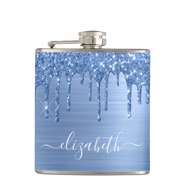 Blue Glitter Drips Personalized Hip Flask (Front)