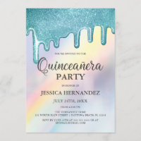 Blue Glitter Drips Rainbow Holographic Quinceañera