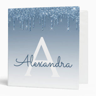 Blue Glitter Drips Sparkle Monogram Binder
