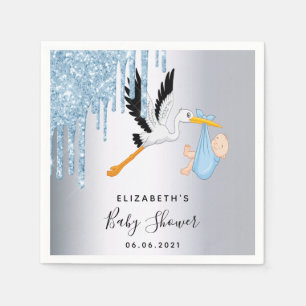 Blue glitter drips stork boy baby shower napkin