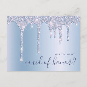 Blue glitter drips will you be my maid of honour invitation postcard