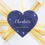 Blue glitter dust monogram name heart sticker<br><div class="desc">A classic navy blue background,  the blue colour is uneven. Decorated with faux glitter dust. Personalize and add your first name,  monogram initials and full name.</div>