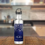 Blue glitter dust silver monogram name script  710 ml water bottle<br><div class="desc">A blue background. The blue colour is uneven. Decorted with faux glitter dust. Personalize and add a name,  monogram initials and full name.  The first name is written with a modern hand lettered style script.</div>