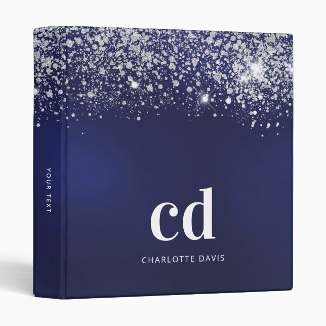 Blue glitter dust white monogram name silver  binder (Front/Spine)