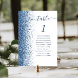 Blue Glitter Edge White Wedding Table Number<br><div class="desc">The left-hand edge of this elegant modern wedding table number card features a blue faux glitter border. The word "table" appears in blue whimsical handwriting script on a white background. Add the names of your guests who are assigned to each table.</div>