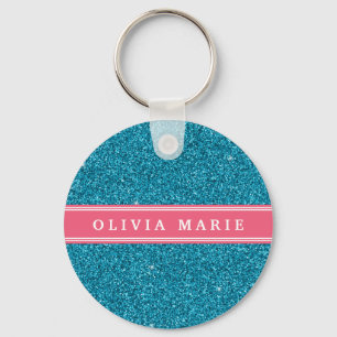 Blue Glitter (faux) Pink Personalized Name Keychain