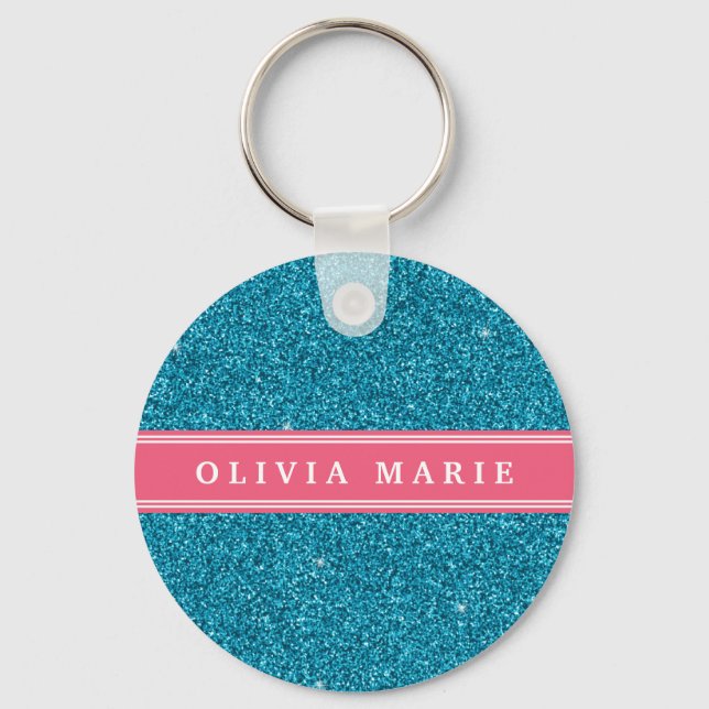 Blue Glitter (faux) Pink Personalized Name Keychain (Front)