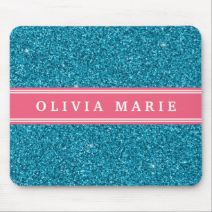 Blue Glitter (faux) Pink Personalized Name Mouse Pad