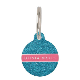 Blue Glitter (faux) Pink Personalized Name Pet Tag