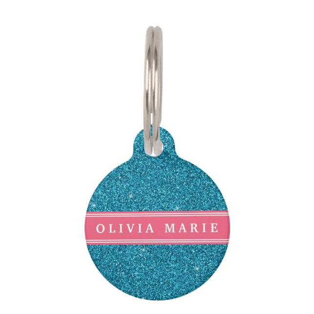 Blue Glitter (faux) Pink Personalized Name Pet Tag (Front)