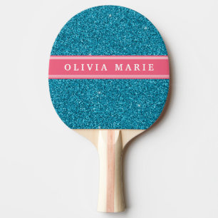 Blue Glitter (faux) Pink Personalized Name Ping Pong Paddle