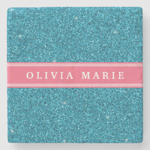 Blue Glitter (faux) Pink Personalized Name Stone Coaster