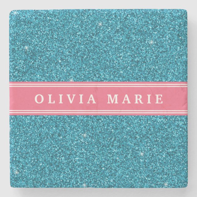 Blue Glitter (faux) Pink Personalized Name Stone Coaster (Front)