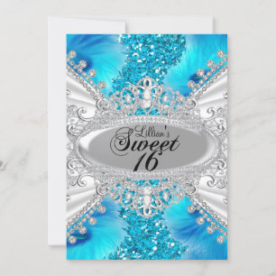 Blue Glitter & Feather Sweet 16 Invite
