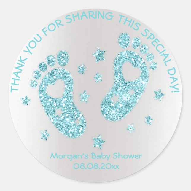 Blue Glitter Feet Baby Shower Favour Thank Classic Round Sticker (Front)