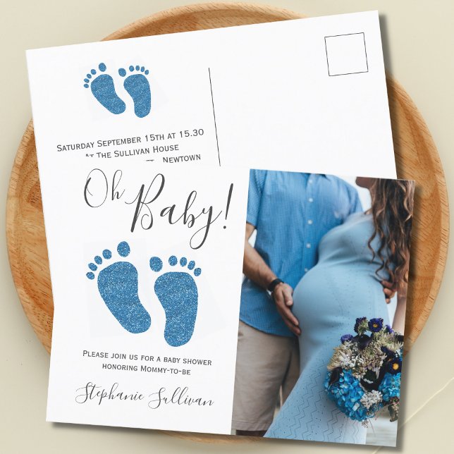 Blue Glitter Feet Baby Shower Invitation Postcard (Creator Uploaded)