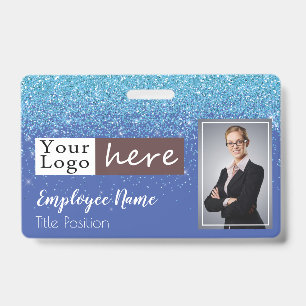 Blue Glitter Girly One Photo Employee Name Badge
