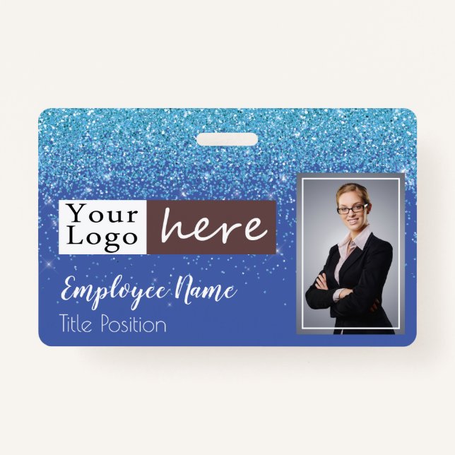 Blue Glitter Girly One Photo Employee Name Badge (Front)
