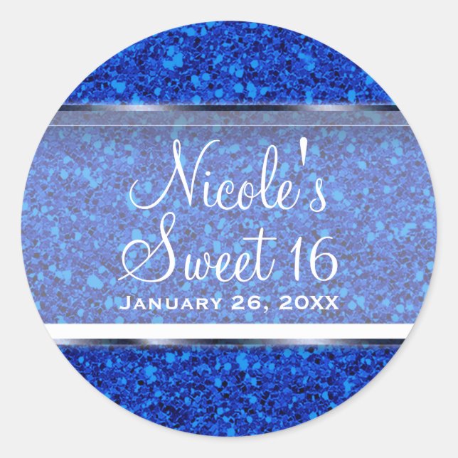 Blue Glitter Glam Sweet 16 Custom Party Favour Classic Round Sticker (Front)