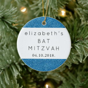 Blue Glitter, Glitter Background, Bat Mitzvah Ceramic Ornament