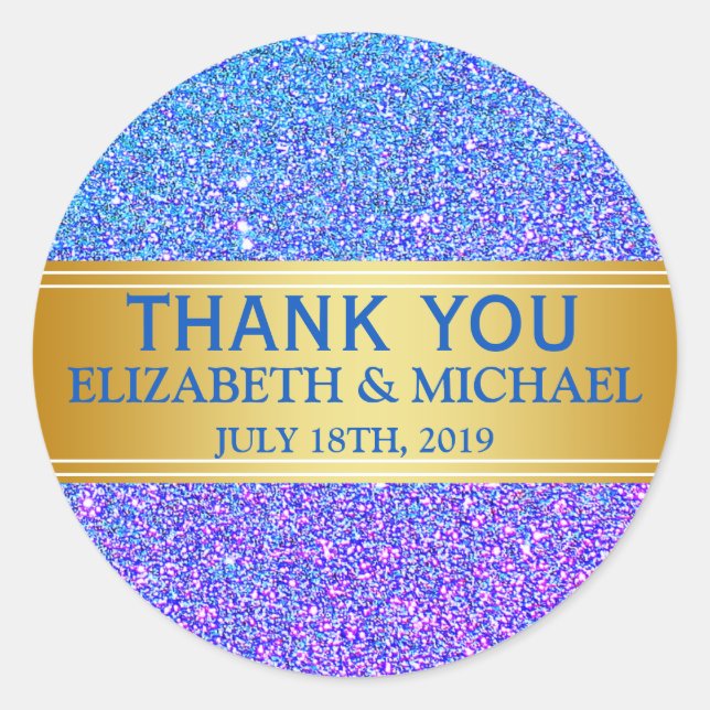 Blue Glitter Gold Badge Thank You Classic Round Sticker (Front)