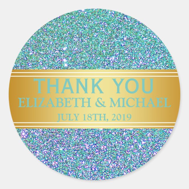 Blue Glitter Gold Badge Thank You Classic Round Sticker (Front)