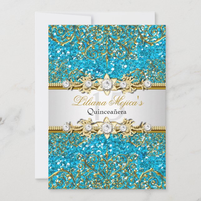 Blue Glitter & Gold Damask Quinceanera Invite (Front)