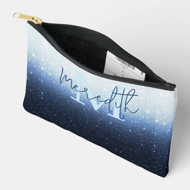 Blue glitter gradient personalized accessory pouch (Open)