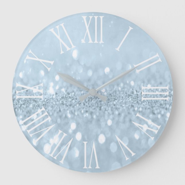 Blue Glitter Grey Metallic Silver Roman Number Large Clock (Front)