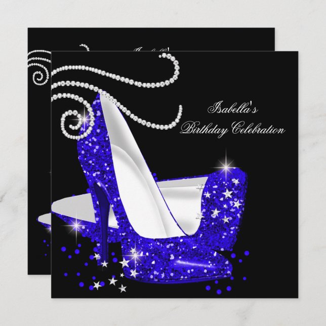 Blue Glitter High Heels Black Birthday Party Invitation (Front/Back)