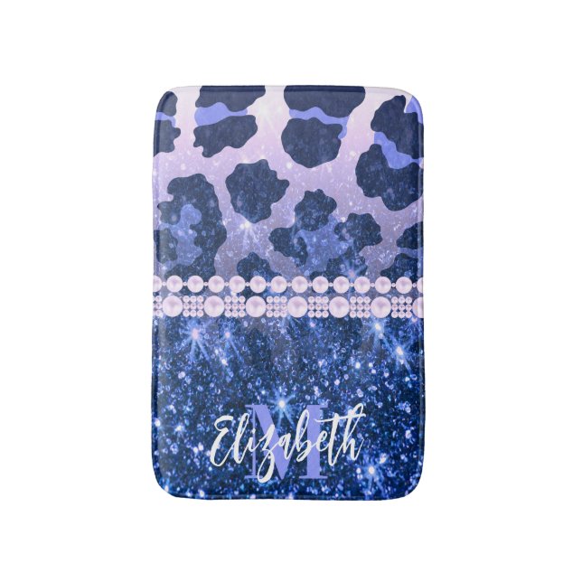 Blue Glitter Leopard Print Bath Mat (Front Vertical)