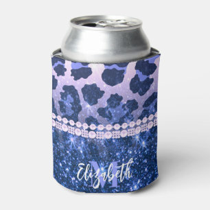 Blue Glitter Leopard Print Can Cooler