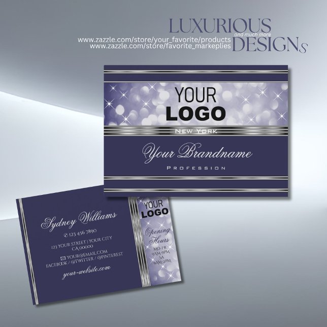 Blue Glitter Luminous Stars Logo Silver Border Business Card (Creator Uploaded)