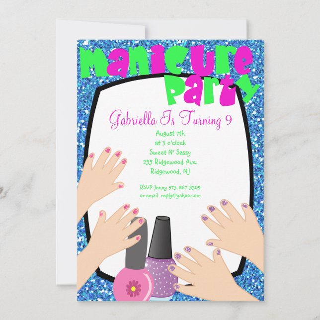 Blue Glitter Manicure Spa Birthday Party Invitation (Front)